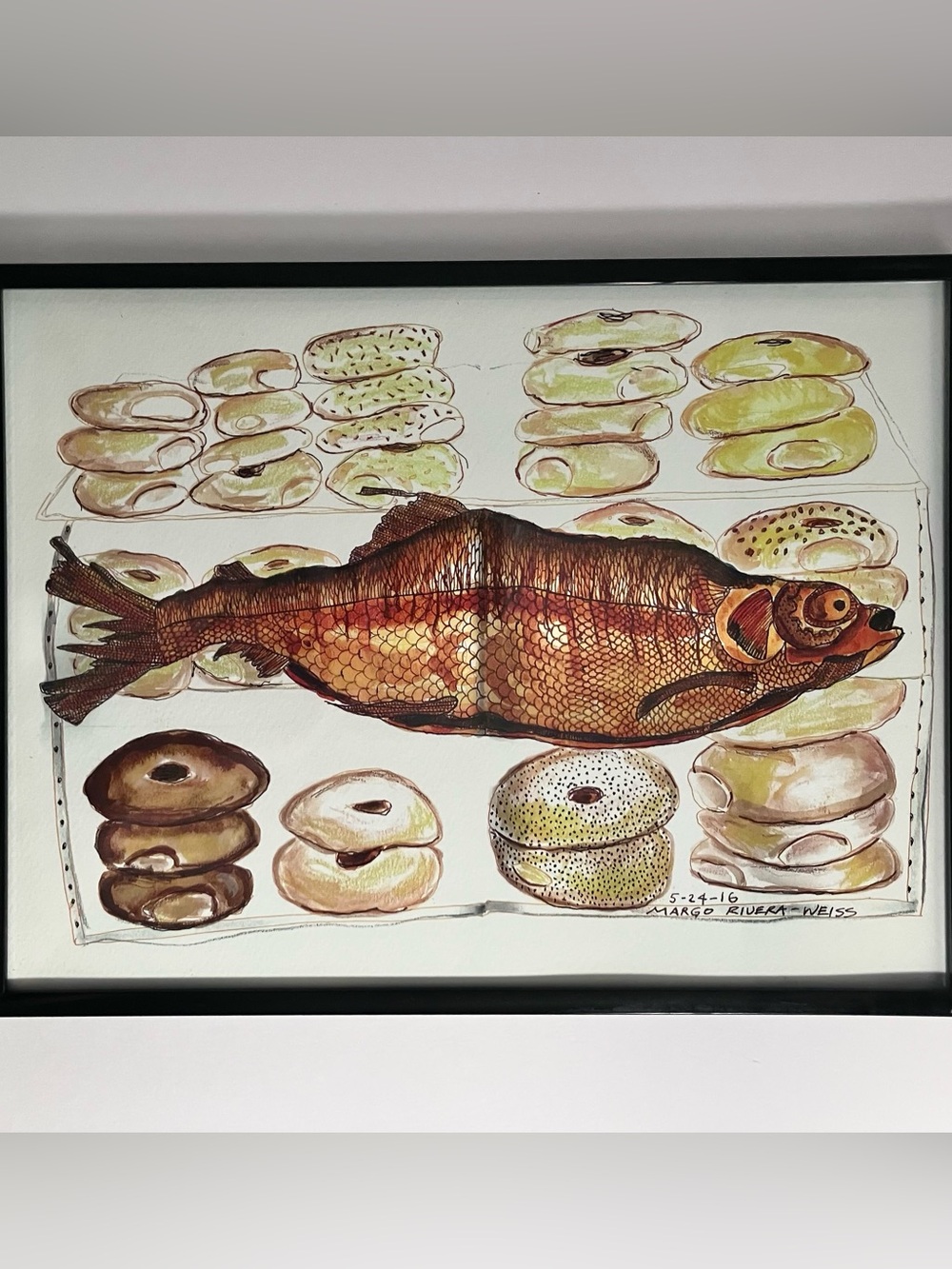 MARGO RIVERA-WEISS (1960-2019) /  Fish & Bagels 9x12 Giclee / BAY AREA ARTIST